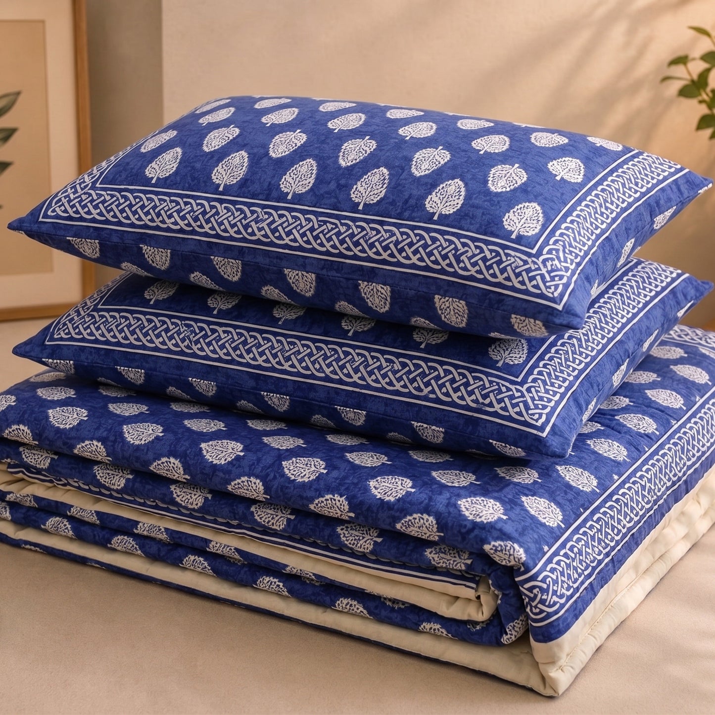 Parish Handlooms Cotton Double Flat 200 TC Printed 1 Summer Bedsheet with 2 Pillow Covers (Deep Blue White)