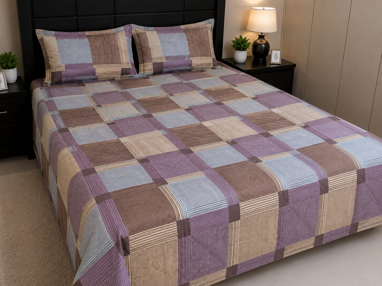 Parish Handlooms Geometric Cotton Double Bedding Set 1 Double Comforter with 1 Double Bedsheet and 2 Pillow Covers (Purple, All Season)