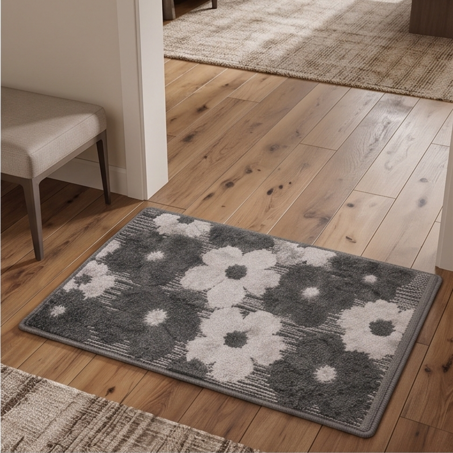 Parish Handlooms Premium Floral Print Door Mat | Soft Anti-Slip Washable Entrance Foot Mat (Grey & White)