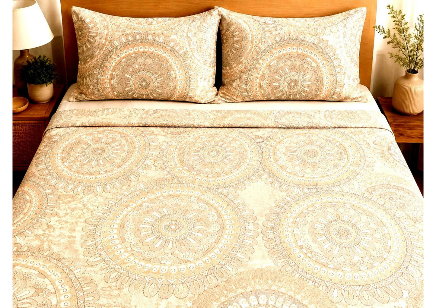Parish Handlooms 100% Cotton Double Flat Bedsheet | 210 TC Vintage Mandala Summer Bedding Set with 2 Pillow Covers (Beige & Peach)