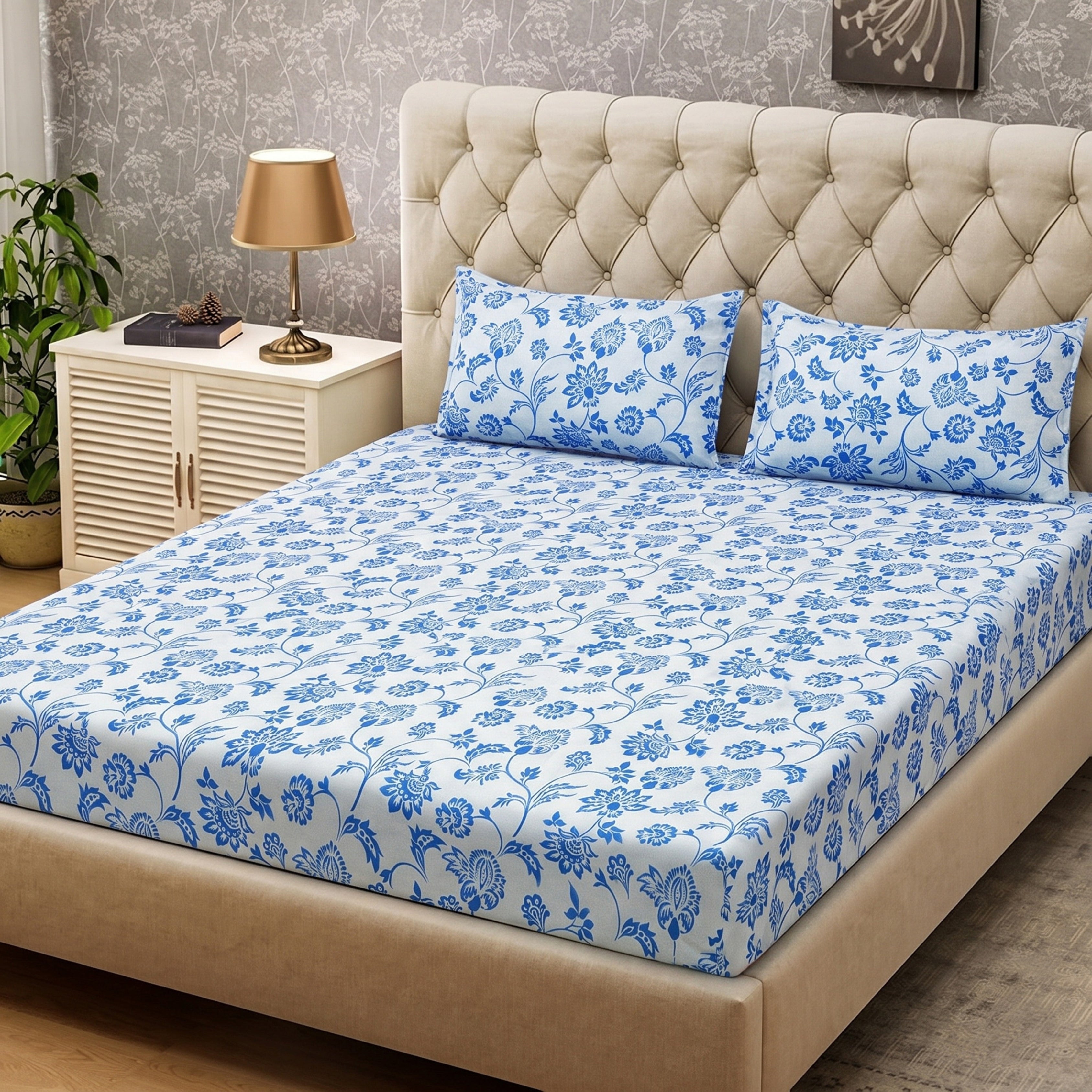 Parish Handlooms Cotton Double Flat 200 TC Floral 1 AC Bedsheet with 2 Pillow Covers (Grey)