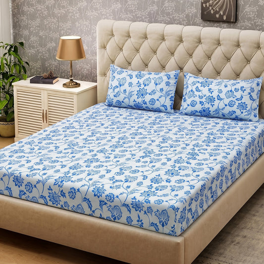 Parish Handlooms Cotton Double Flat 200 TC Floral 1 AC Bedsheet with 2 Pillow Covers (Grey)