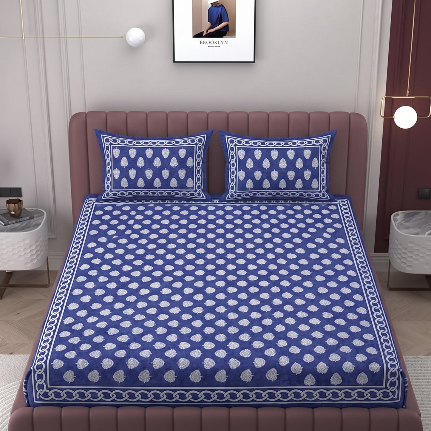 Parish Handlooms Cotton Double Flat 200 TC Printed 1 Summer Bedsheet with 2 Pillow Covers (Deep Blue White)