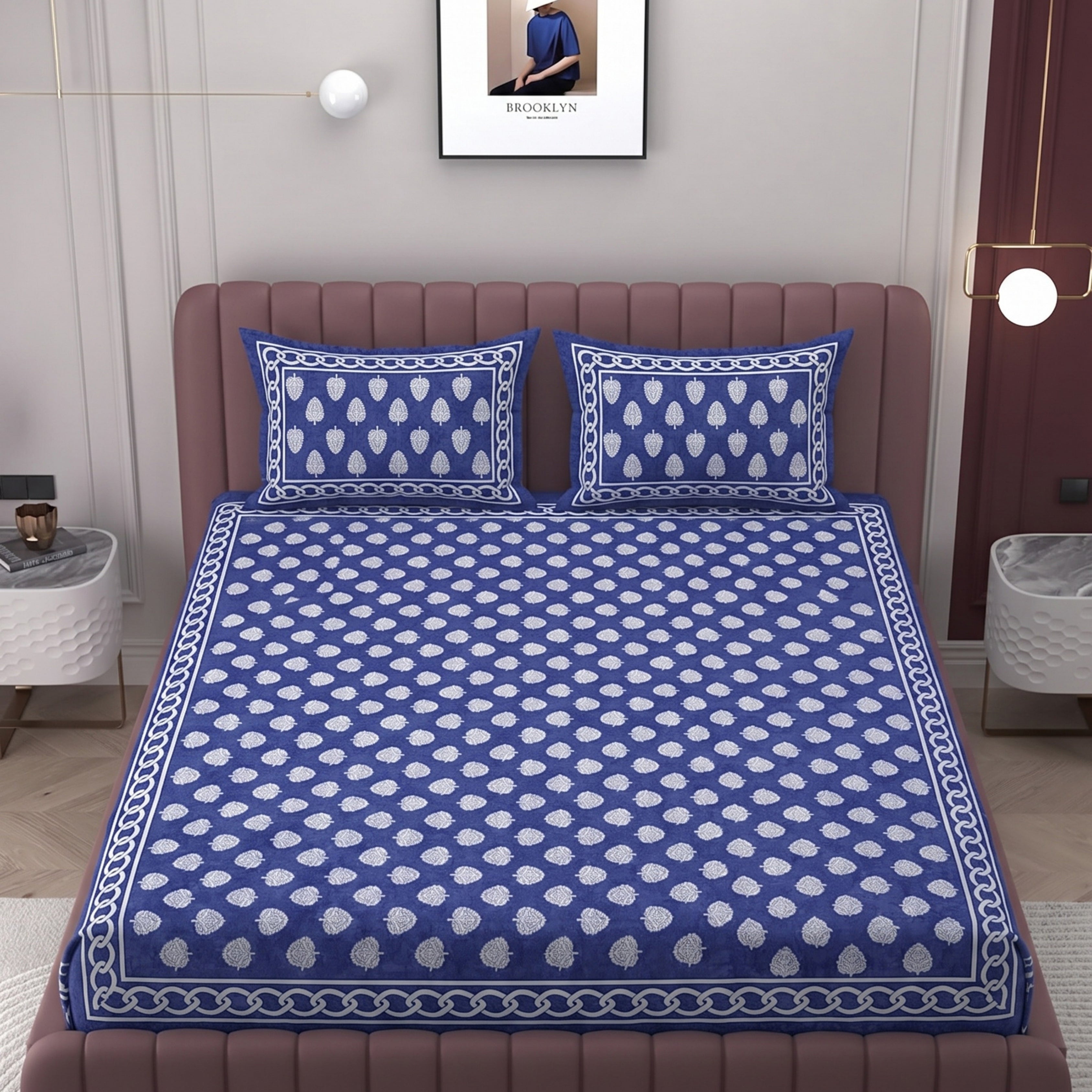 Parish Handlooms Cotton Double Flat 200 TC Printed 1 Summer Bedsheet with 2 Pillow Covers (Deep Blue White)