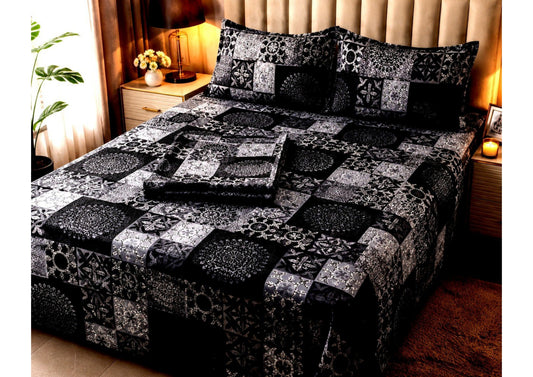 Parish Handlooms 100% Cotton Double Flat Bedsheet | 210 TC Mandala Patchwork Summer Bedding Set with 2 Pillow Covers (Black & Grey)