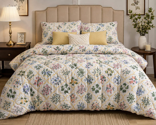 Parish Handlooms Floral Cotton Double Bedding Set 1 Double Comforter with 1 Double Bedsheet and 2 Pillow Covers (White, All Season)