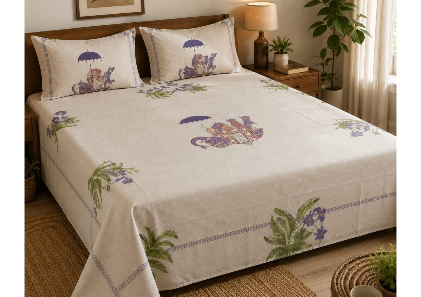 Parish Handlooms 100% Cotton Double Flat Bedsheet | 210 TC Breathable Summer Bedding Set with 2 Pillow Covers (Printed)