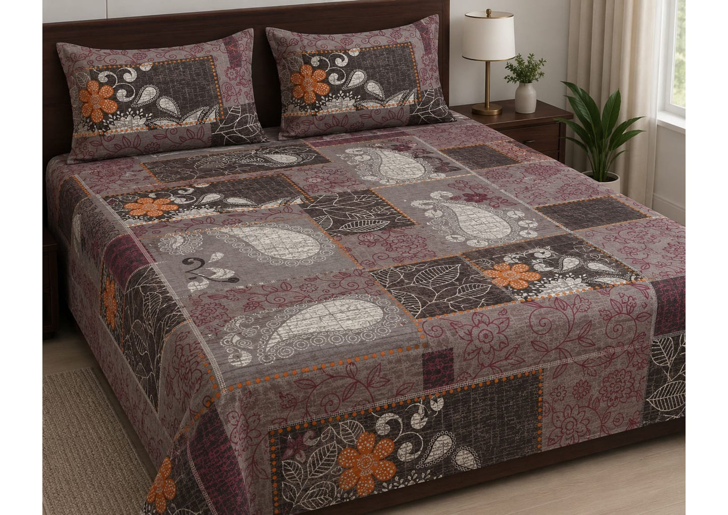 Parish Handlooms 100% Cotton Double Flat Bedsheet | 210 TC Breathable Summer Bedding Set with 2 Pillow Covers (Printed)
