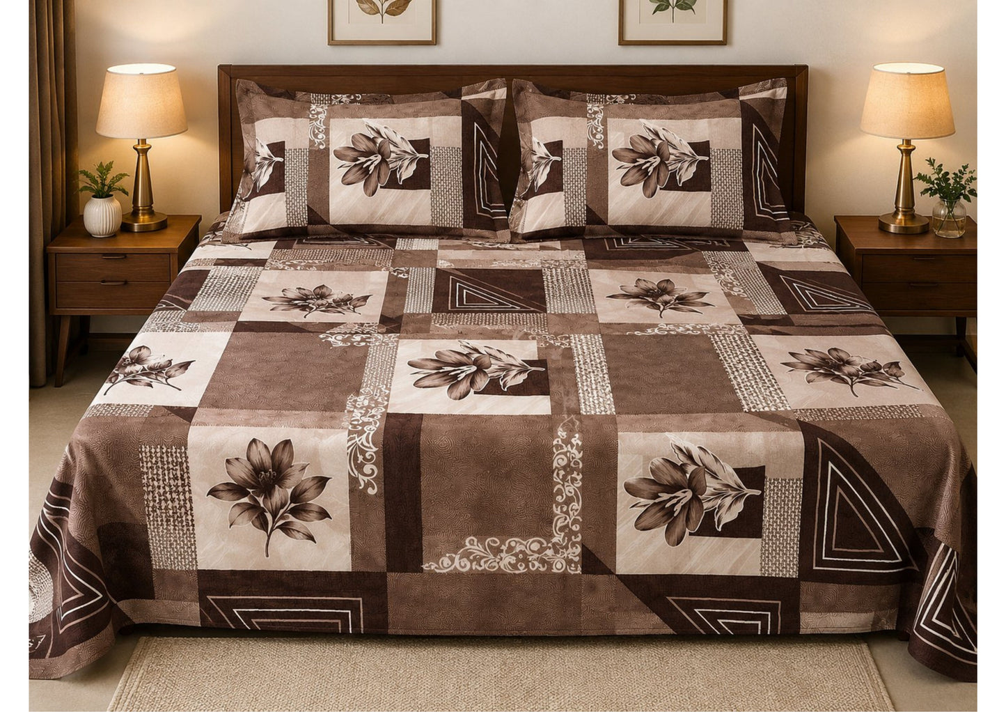 Parish Handlooms 100% Cotton Double Flat Bedsheet | 210 TC Breathable Summer Bedding Set with 2 Pillow Covers (Printed)