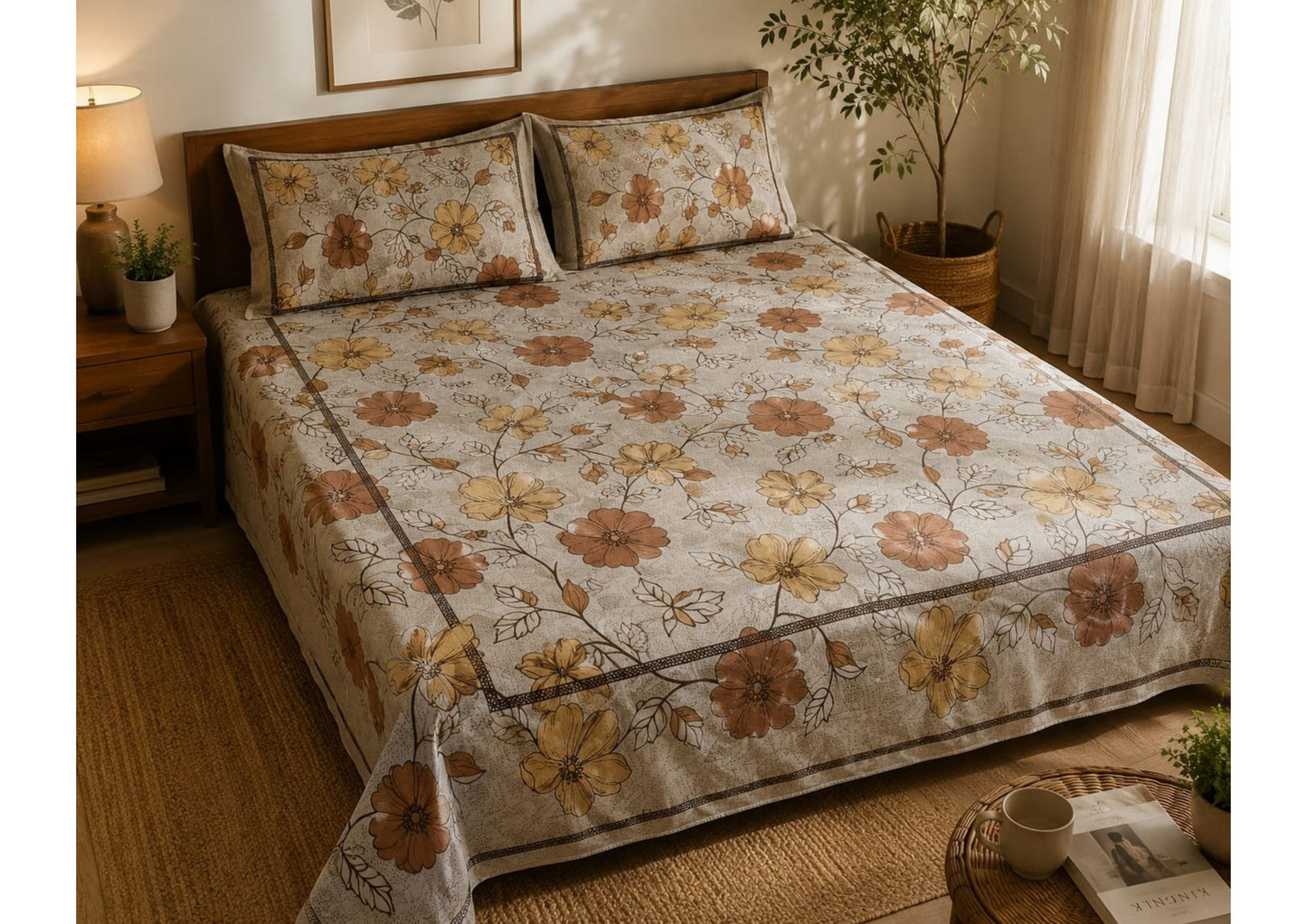 Parish Handlooms 100% Cotton Double Flat Bedsheet | 210 TC Breathable Summer Bedding Set with 2 Pillow Covers (Printed)