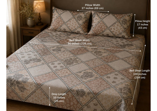 Parish Handlooms 100% Cotton Double Flat Bedsheet | 210 TC Geometric Floral Summer Bedding Set with 2 Pillow Covers (Brown & Beige)