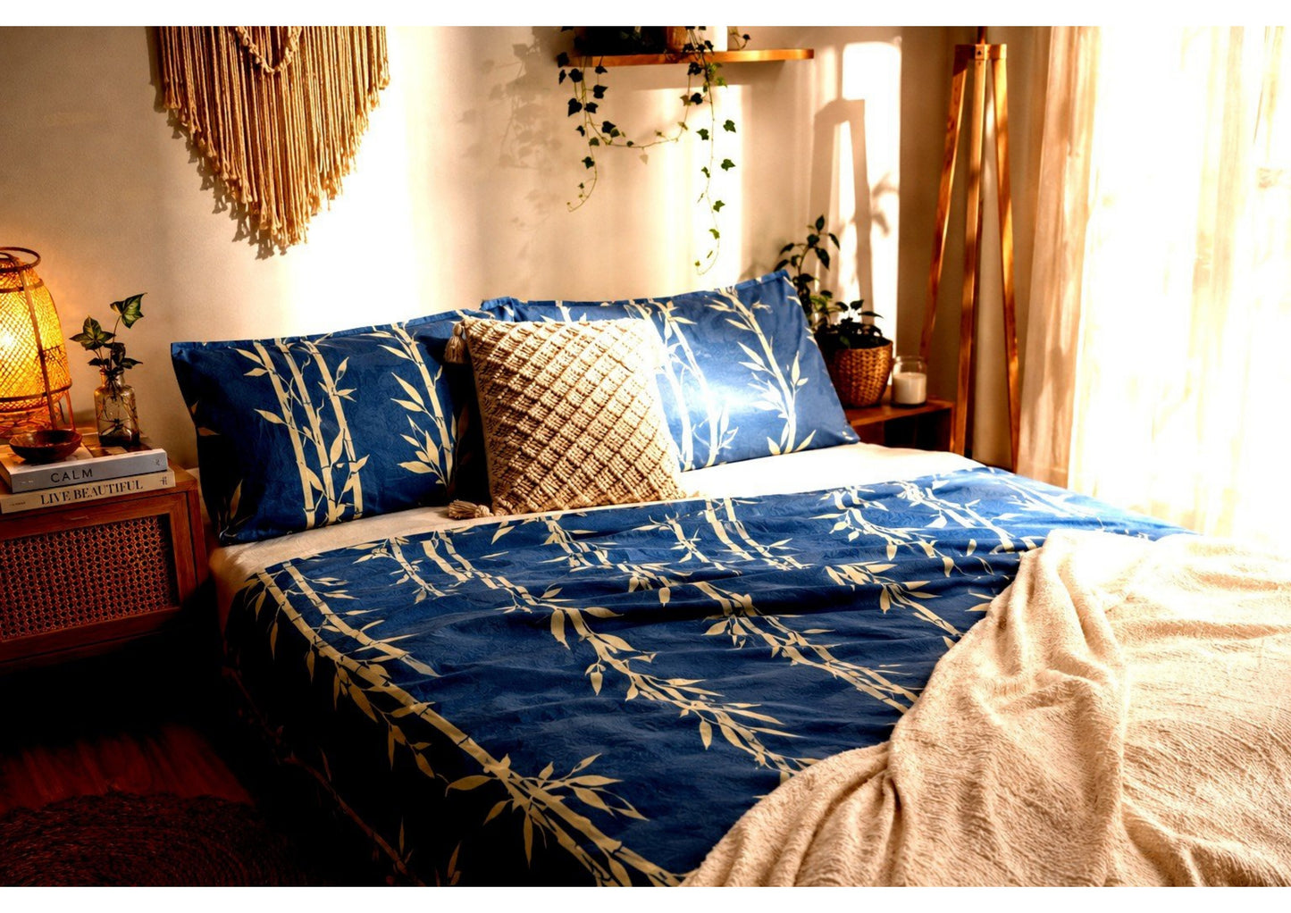 Parish Handlooms 100% Cotton Double Flat Bedsheet | 210 TC Botanical Bamboo Print Summer Bedding Set with 2 Pillow Covers (Indigo Blue)