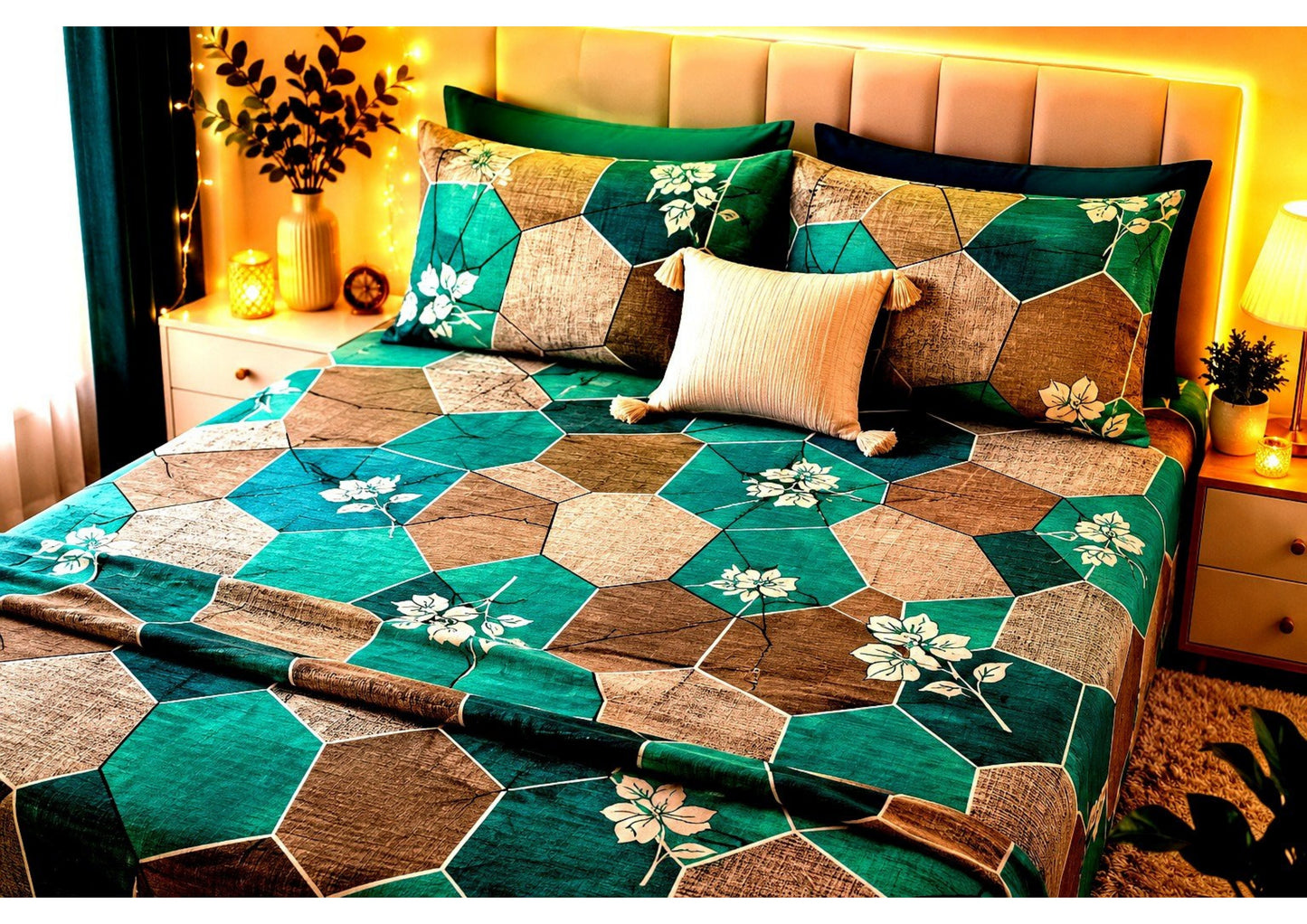 Parish Handlooms 100% Cotton Double Flat Bedsheet | 210 TC Hexagonal Geometric Floral Summer Bedding Set with 2 Pillow Covers (Emerald Green & Brown)