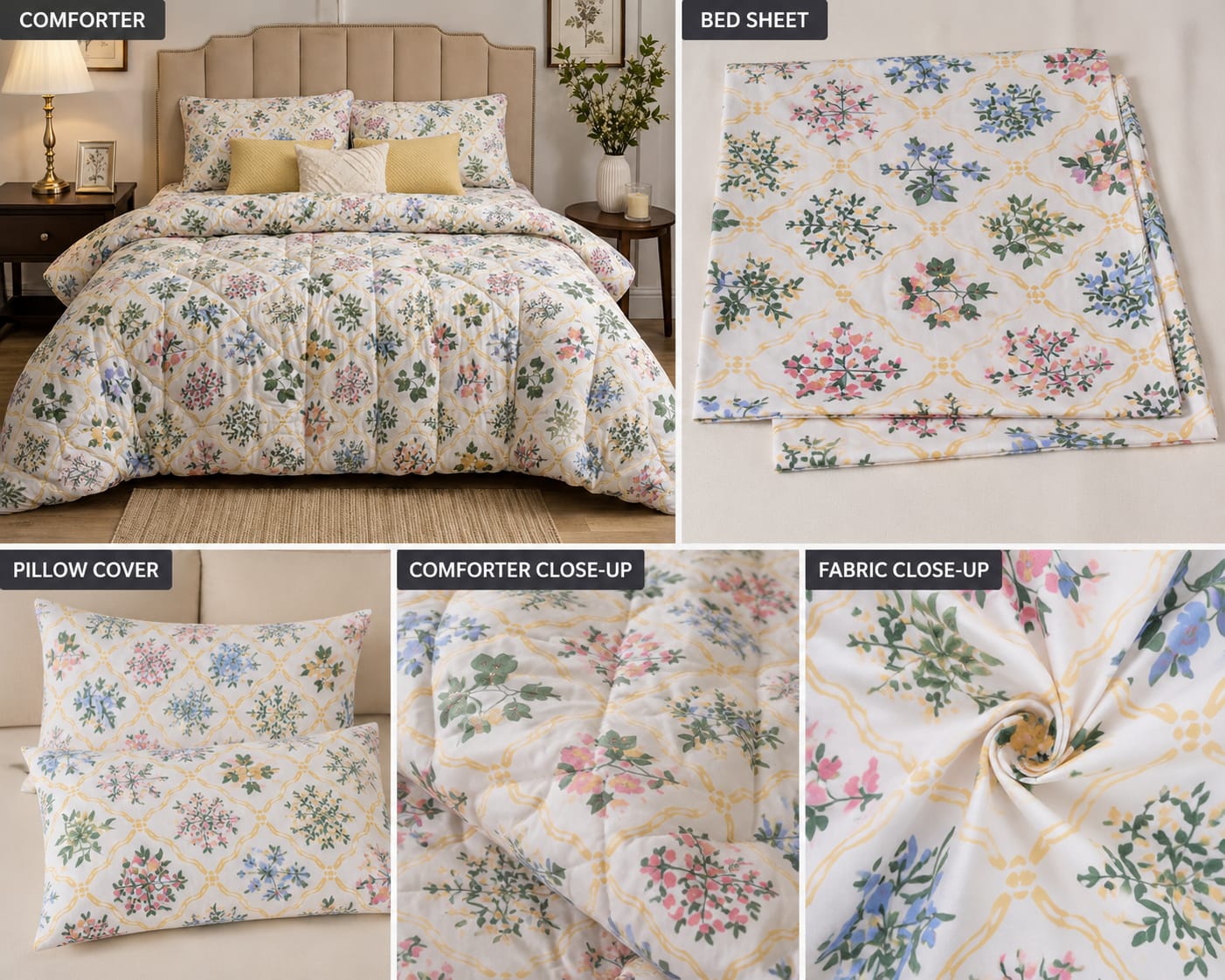 Parish Handlooms Floral Cotton Double Bedding Set 1 Double Comforter with 1 Double Bedsheet and 2 Pillow Covers (White, All Season)
