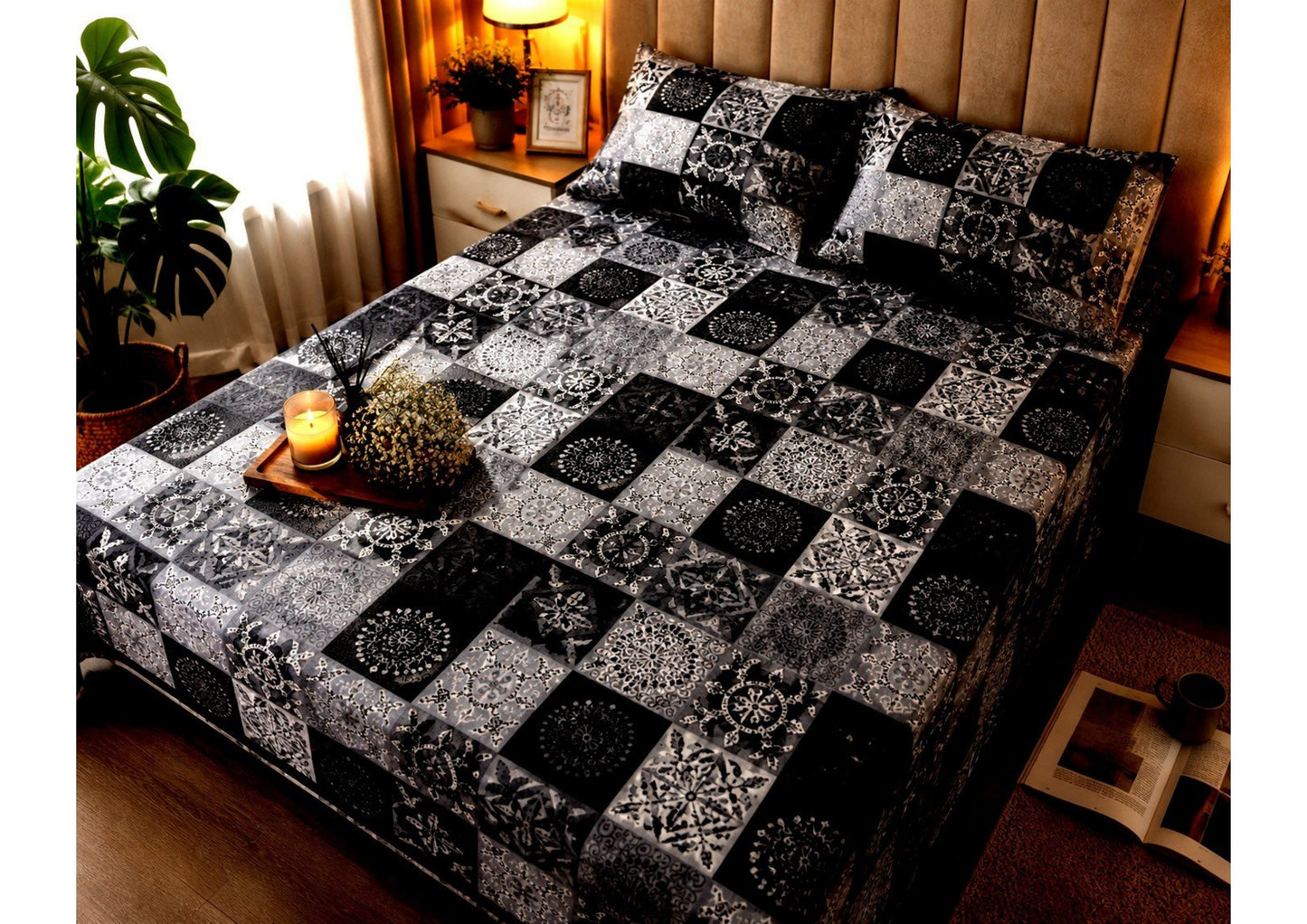 Parish Handlooms 100% Cotton Double Flat Bedsheet | 210 TC Mandala Patchwork Summer Bedding Set with 2 Pillow Covers (Black & Grey)