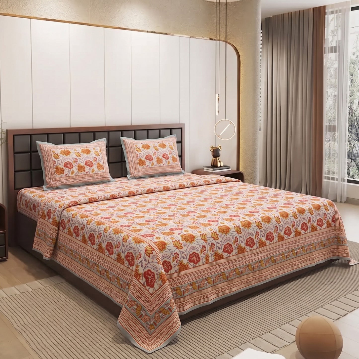 Parish Handlooms Cotton Double Flat 200 TC Printed Summer Bedsheet with 2 Pillow Covers