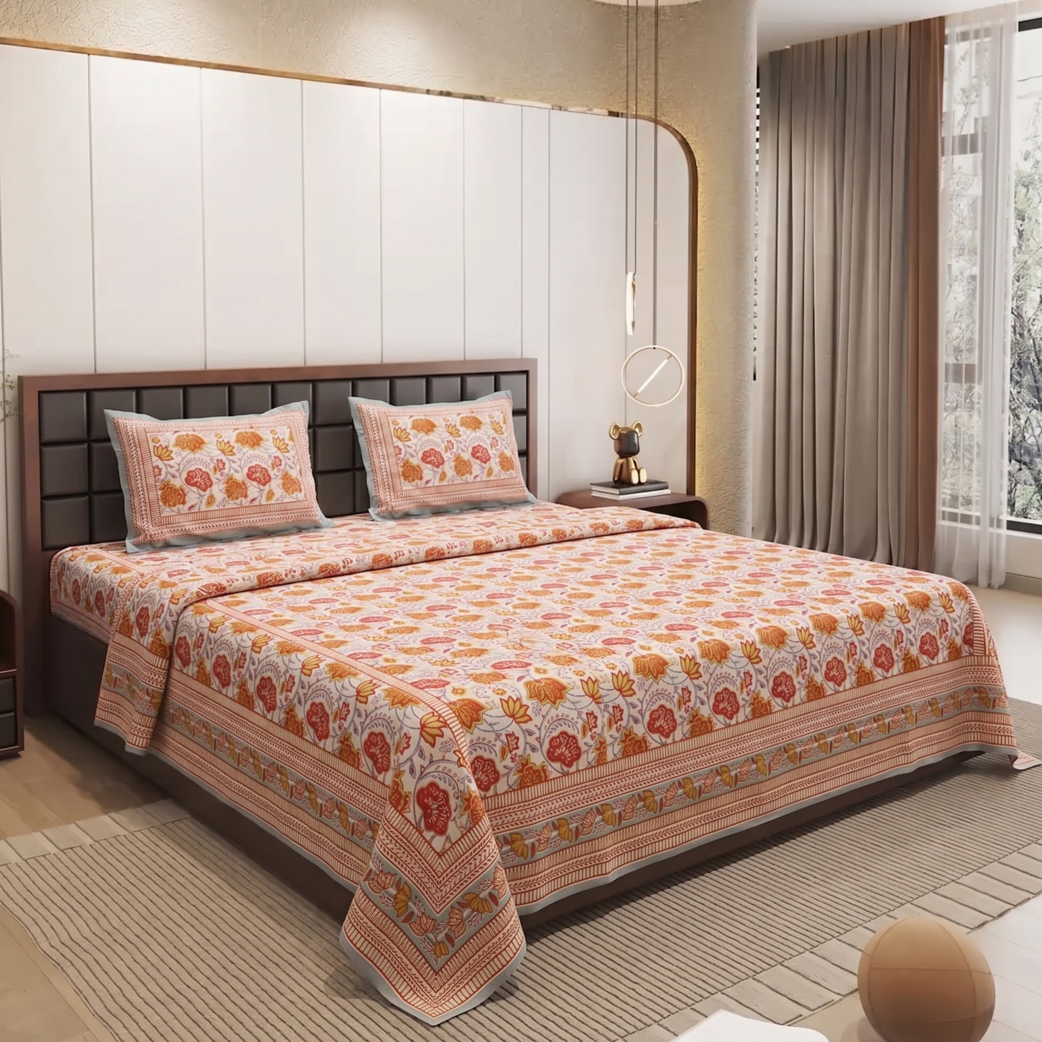 Parish Handlooms Cotton Double Flat 200 TC Printed Summer Bedsheet with 2 Pillow Covers