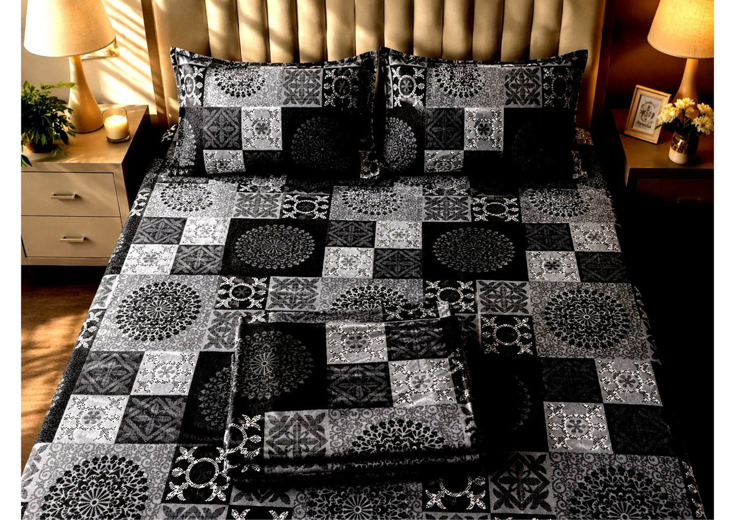 Parish Handlooms 100% Cotton Double Flat Bedsheet | 210 TC Mandala Patchwork Summer Bedding Set with 2 Pillow Covers (Black & Grey)