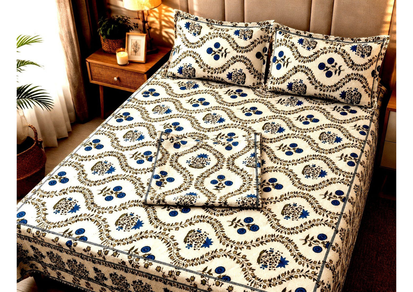 Parish Handlooms 100% Cotton Double Flat Bedsheet | 210 TC Royal Blue Floral Jaal Summer Bedding Set with 2 Pillow Covers (White & Blue)
