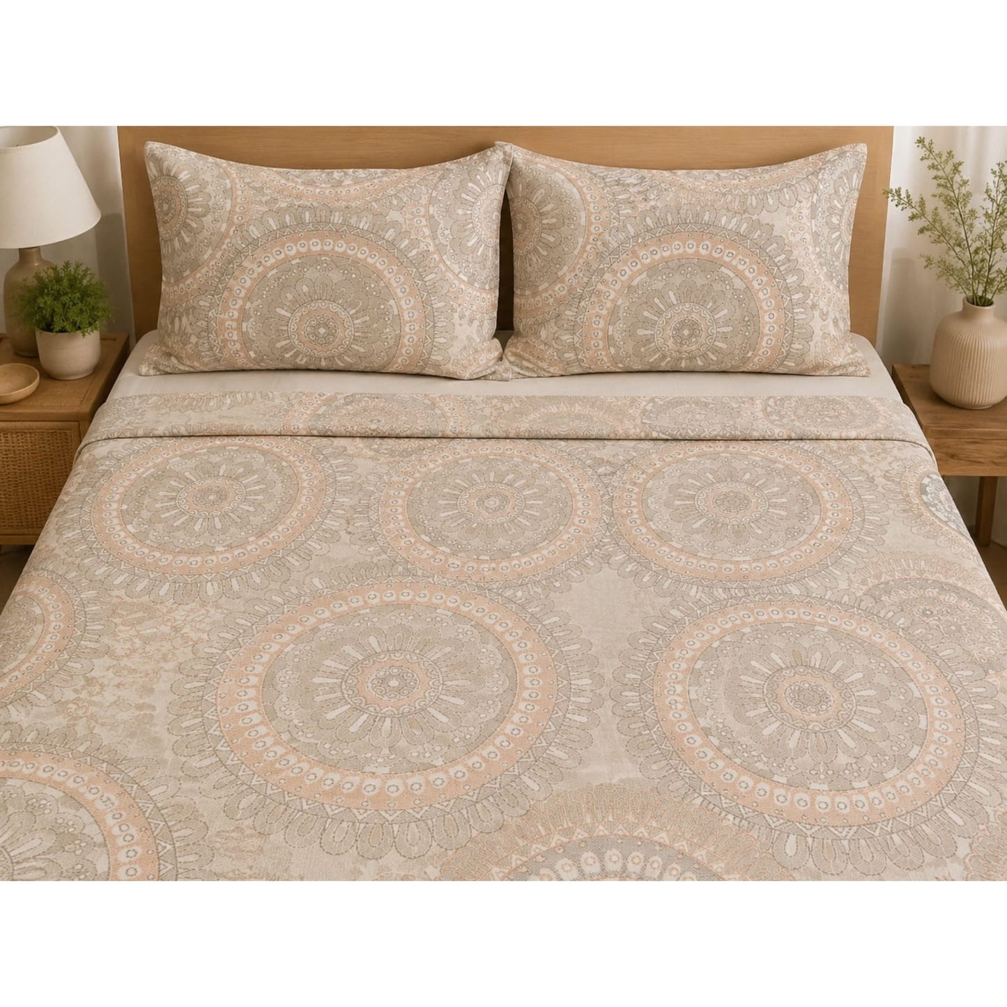 Parish Handlooms 100% Cotton Double Flat Bedsheet | 210 TC Vintage Mandala Summer Bedding Set with 2 Pillow Covers (Beige & Peach)