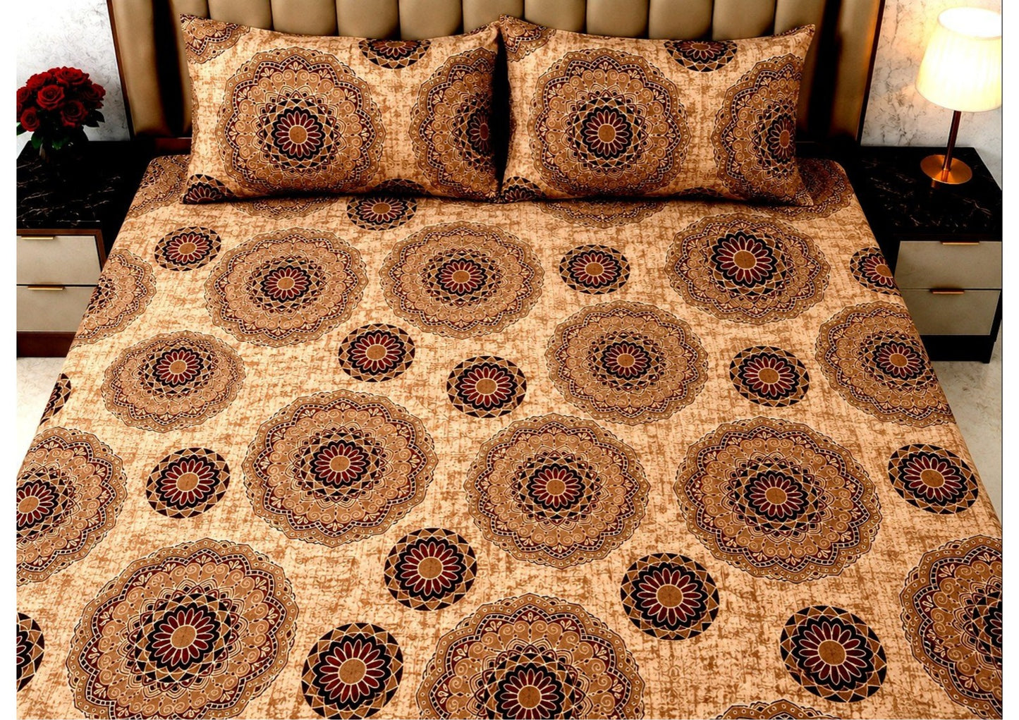 Parish Handlooms 100% Cotton Double Flat Bedsheet | 210 TC Royal Mandala Medallion Summer Bedding Set with 2 Pillow Covers (Rust Orange & Ochre)