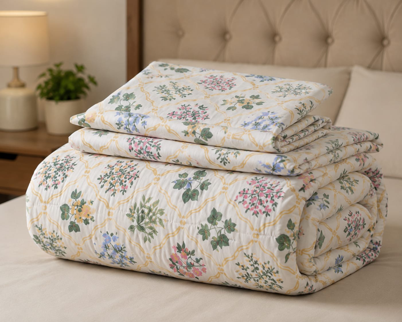 Parish Handlooms Floral Cotton Double Bedding Set 1 Double Comforter with 1 Double Bedsheet and 2 Pillow Covers (White, All Season)