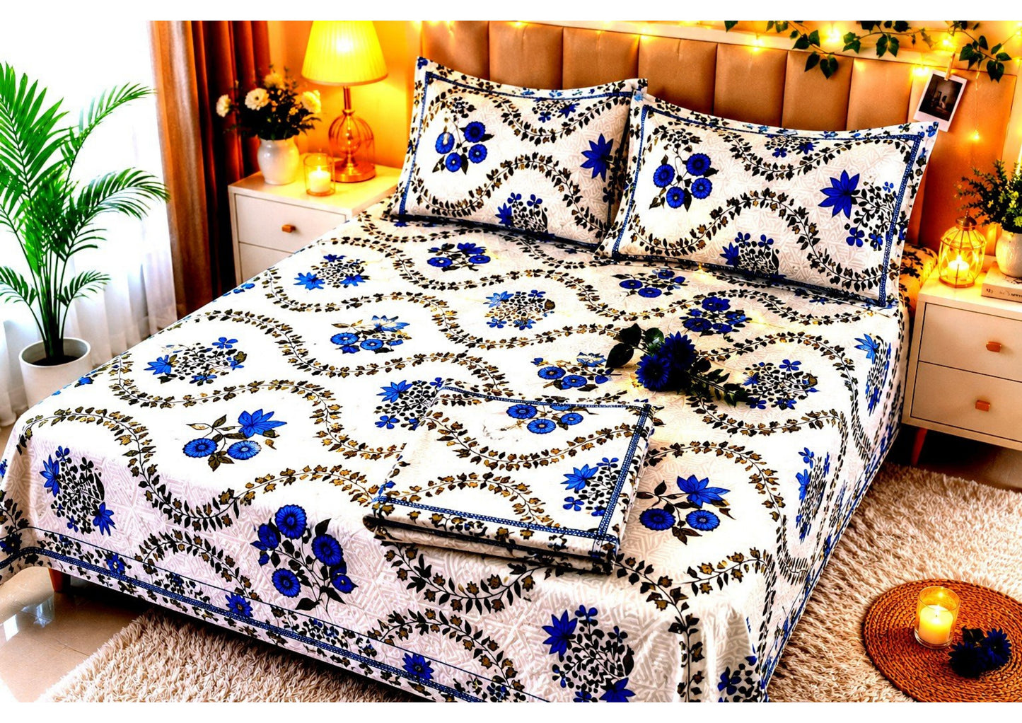 Parish Handlooms 100% Cotton Double Flat Bedsheet | 210 TC Royal Blue Floral Jaal Summer Bedding Set with 2 Pillow Covers (White & Blue)