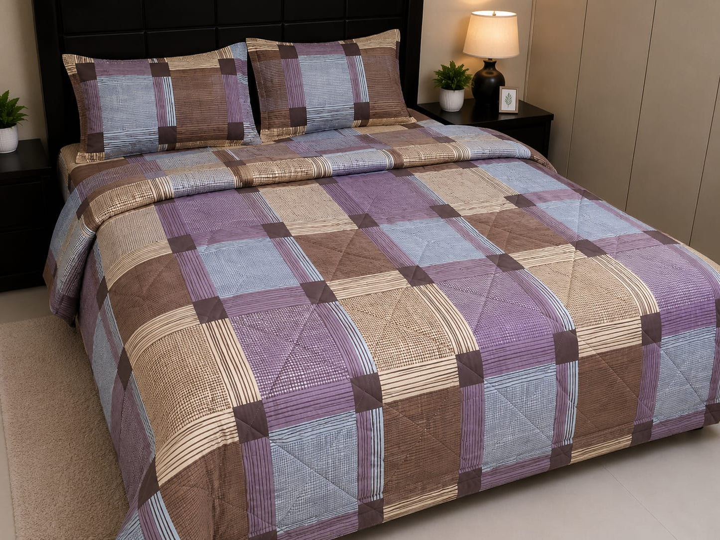 Parish Handlooms Geometric Cotton Double Bedding Set 1 Double Comforter with 1 Double Bedsheet and 2 Pillow Covers (Purple, All Season)