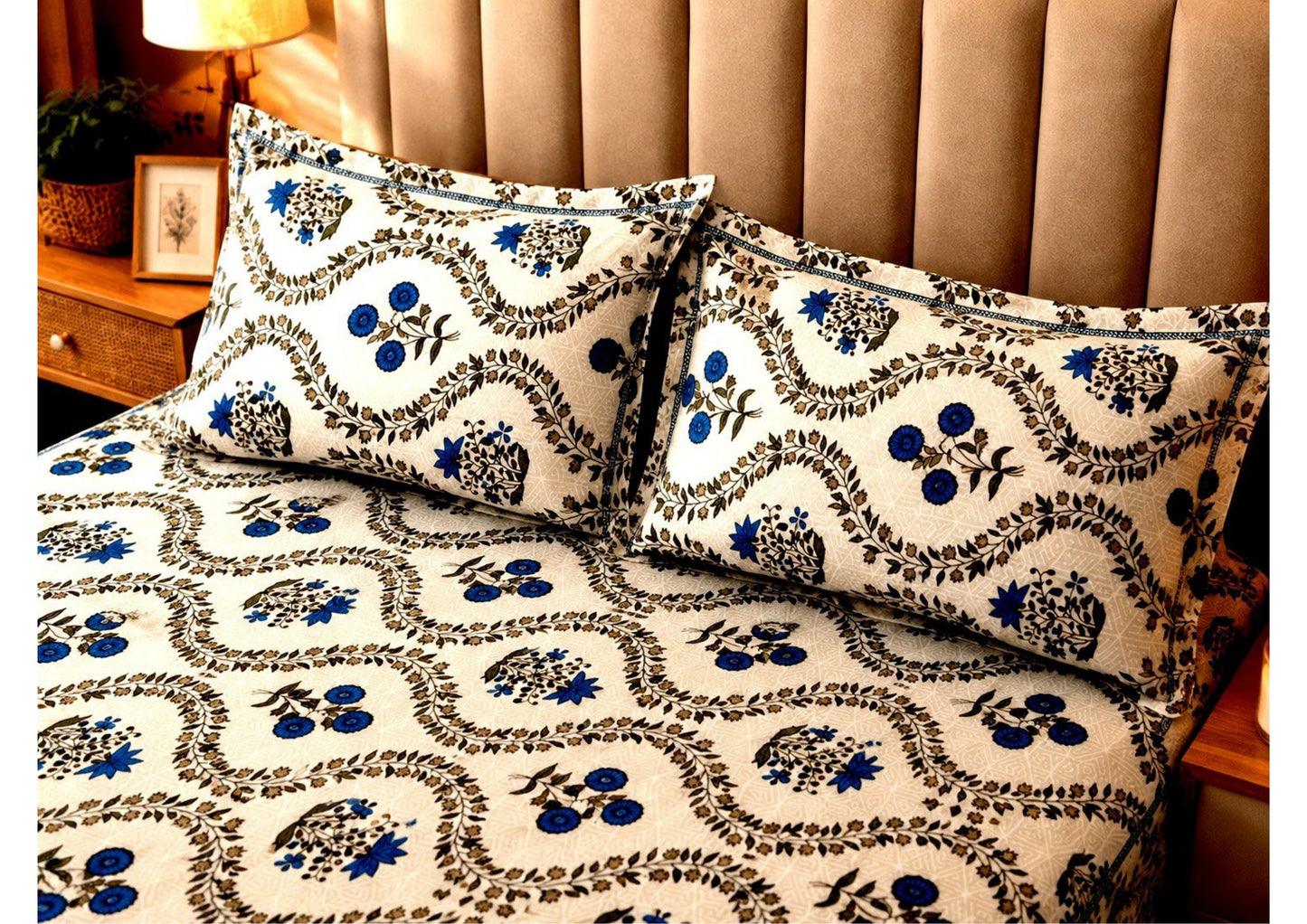 Parish Handlooms 100% Cotton Double Flat Bedsheet | 210 TC Royal Blue Floral Jaal Summer Bedding Set with 2 Pillow Covers (White & Blue)