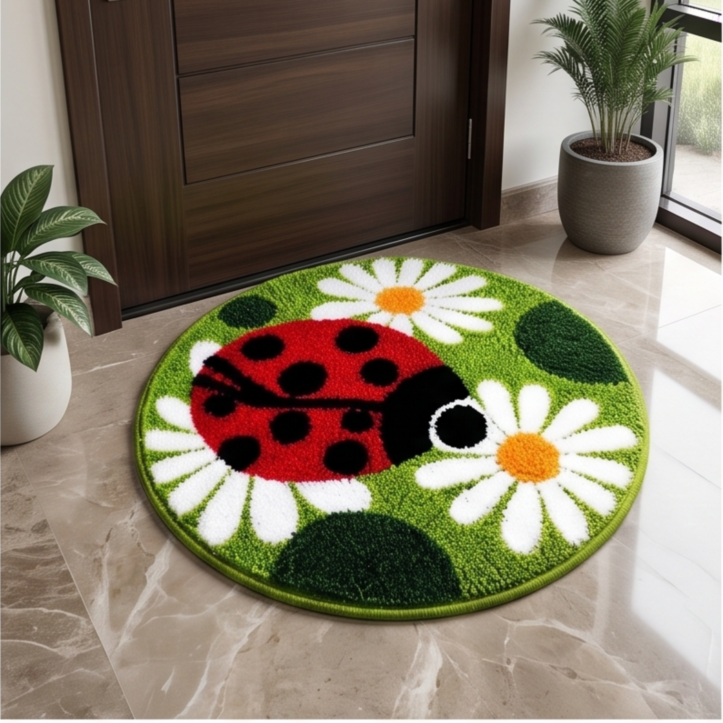 Parish Handlooms Premium Round Ladybug & Daisy Flower Door Mat | Soft Anti-Slip Kids Room & Entrance Floor Rug