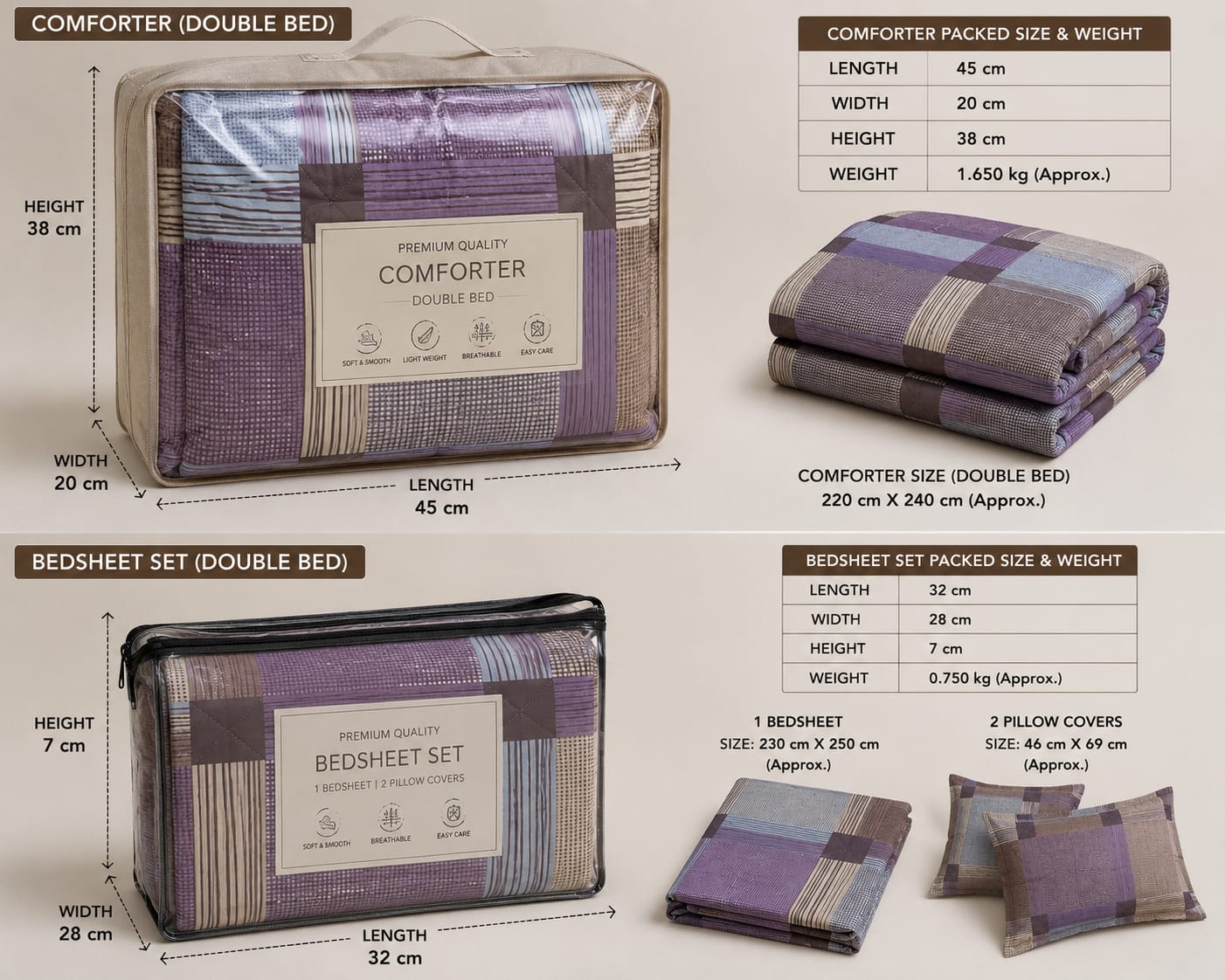 Parish Handlooms Geometric Cotton Double Bedding Set 1 Double Comforter with 1 Double Bedsheet and 2 Pillow Covers (Purple, All Season)