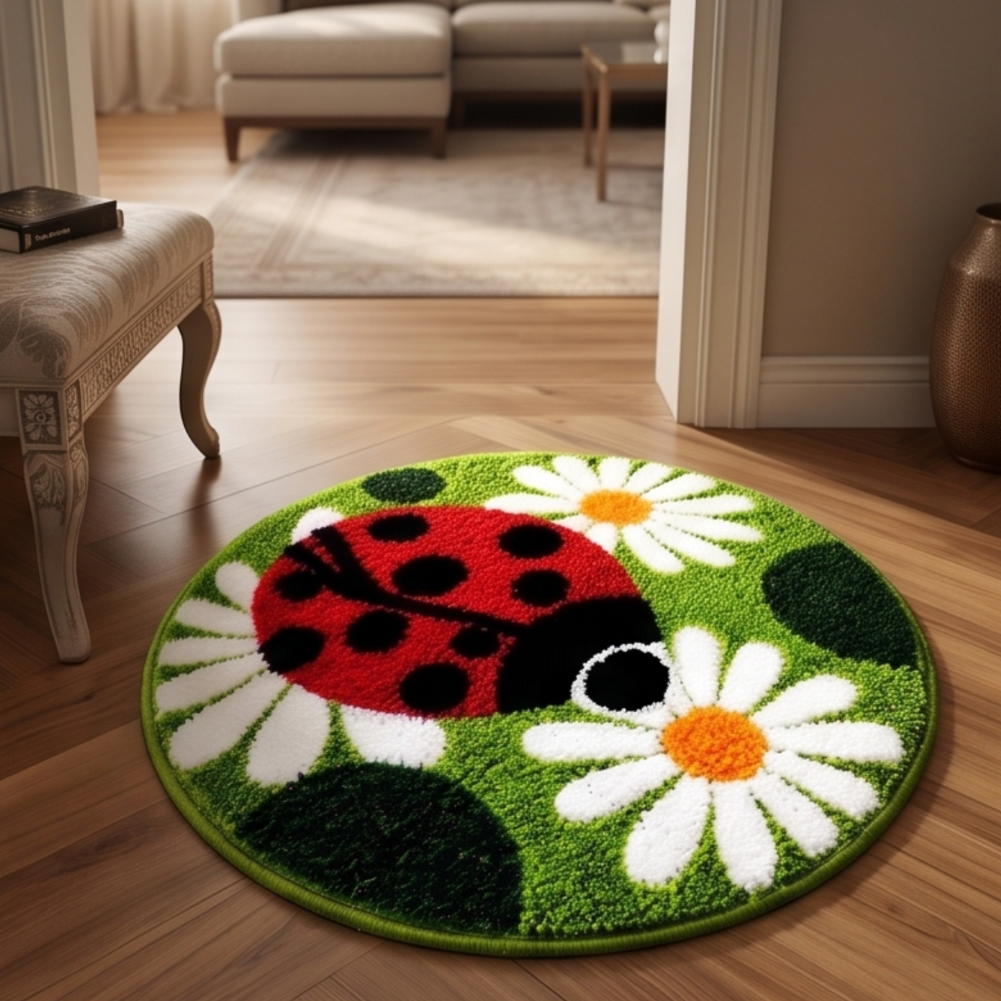 Parish Handlooms Premium Round Ladybug & Daisy Flower Door Mat | Soft Anti-Slip Kids Room & Entrance Floor Rug