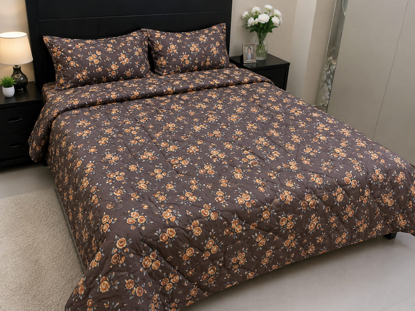Parish Handlooms Floral Cotton Double Bedding Set 1 Double Comforter with 1 Double Bedsheet and 2 Pillow Covers (Brown, All Season)