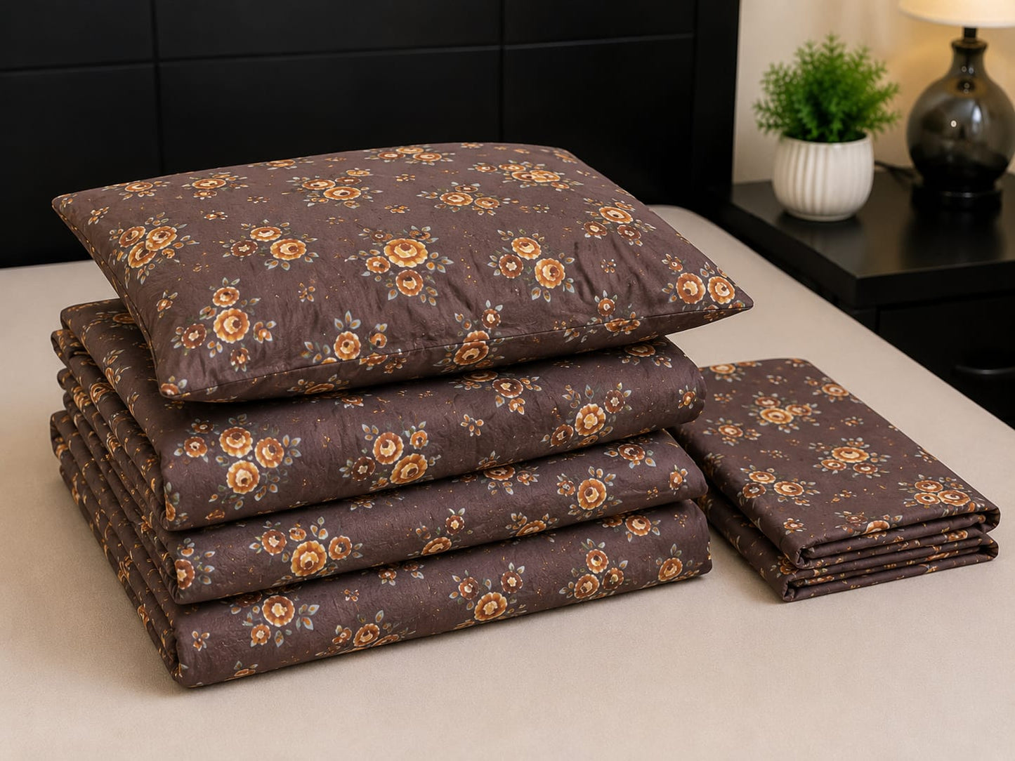 Parish Handlooms Floral Cotton Double Bedding Set 1 Double Comforter with 1 Double Bedsheet and 2 Pillow Covers (Brown, All Season)