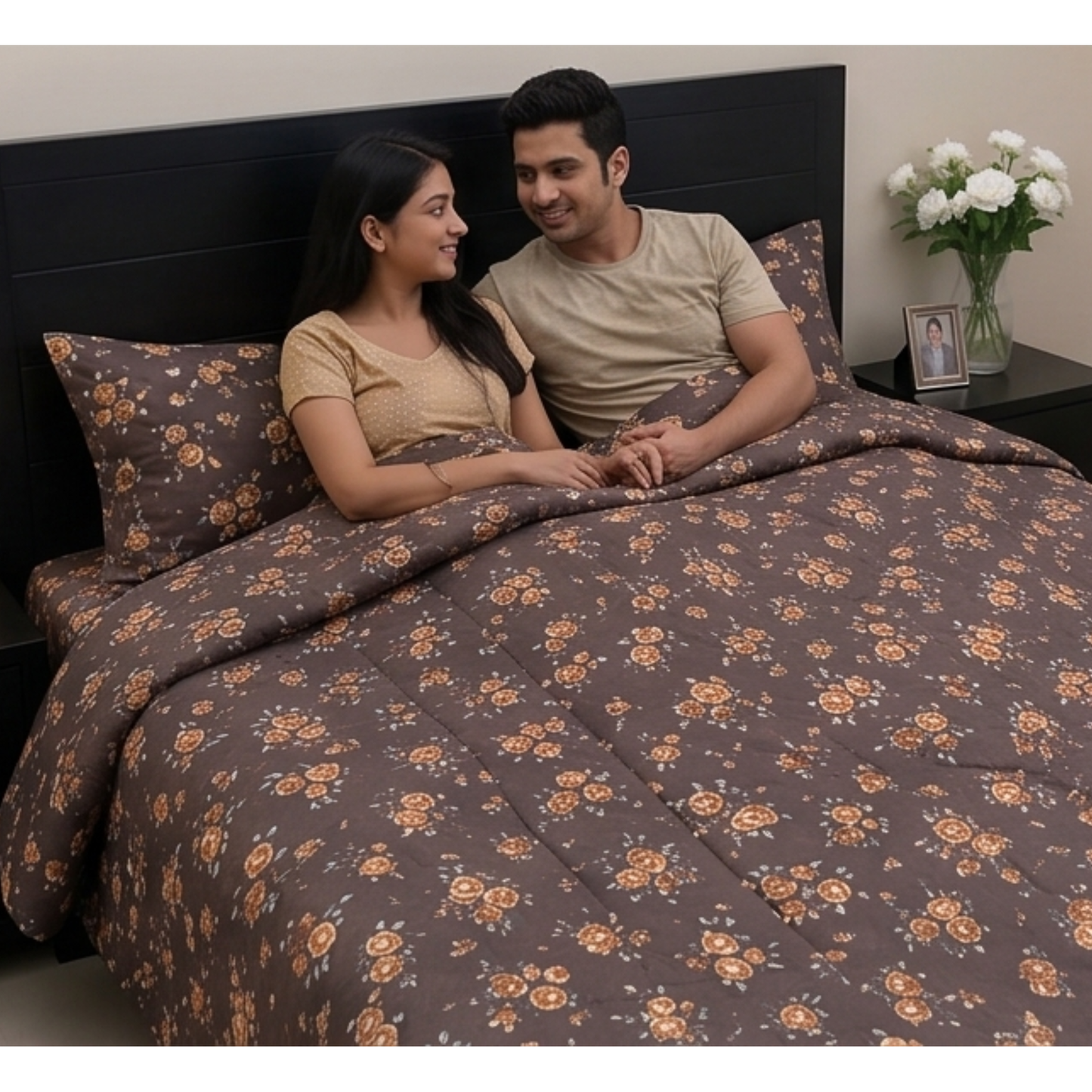 Parish Handlooms Floral Cotton Double Bedding Set 1 Double Comforter with 1 Double Bedsheet and 2 Pillow Covers (Brown, All Season)