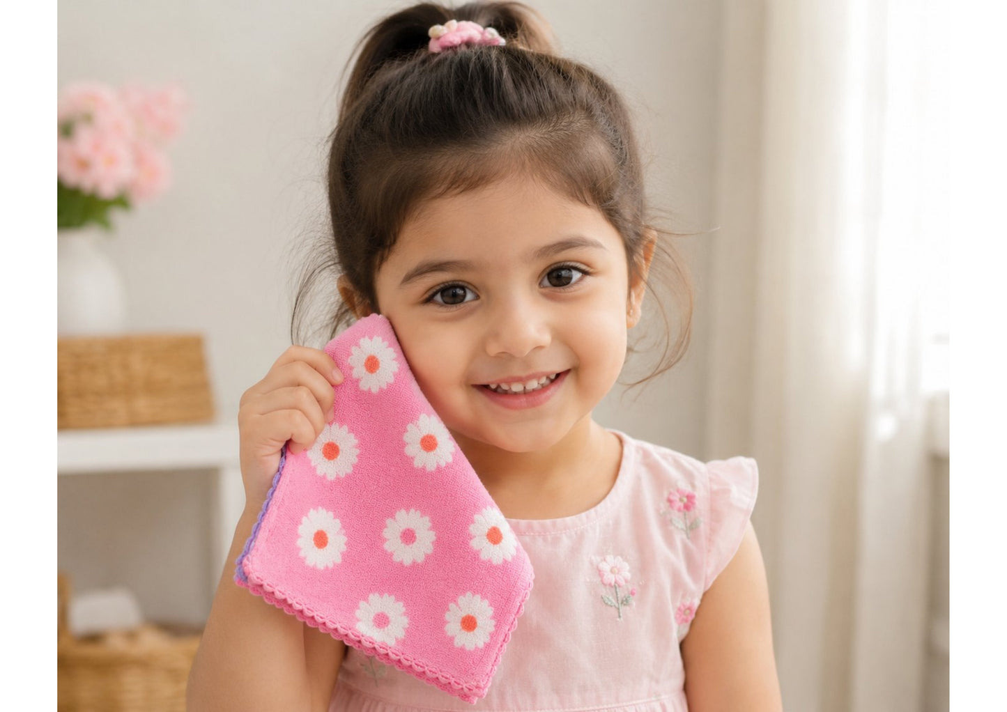 Parish Handlooms Premium Ultra Soft Microfiber Face Towels for Kids - Pack of 3 Cute Daisy Floral Printed Handkerchiefs with Elegant Lace Border for Babies & Toddlers
