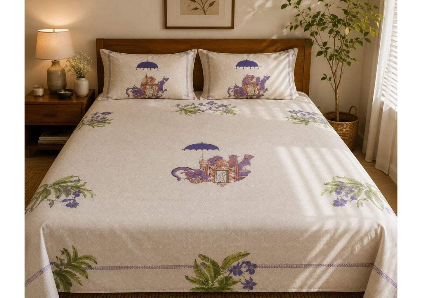 Parish Handlooms 100% Cotton Double Flat Bedsheet | 210 TC Breathable Summer Bedding Set with 2 Pillow Covers (Printed)