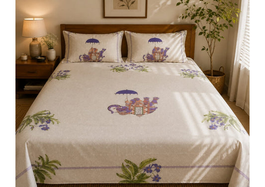 Parish Handlooms 100% Cotton Double Flat Bedsheet | 210 TC Breathable Summer Bedding Set with 2 Pillow Covers (Printed)