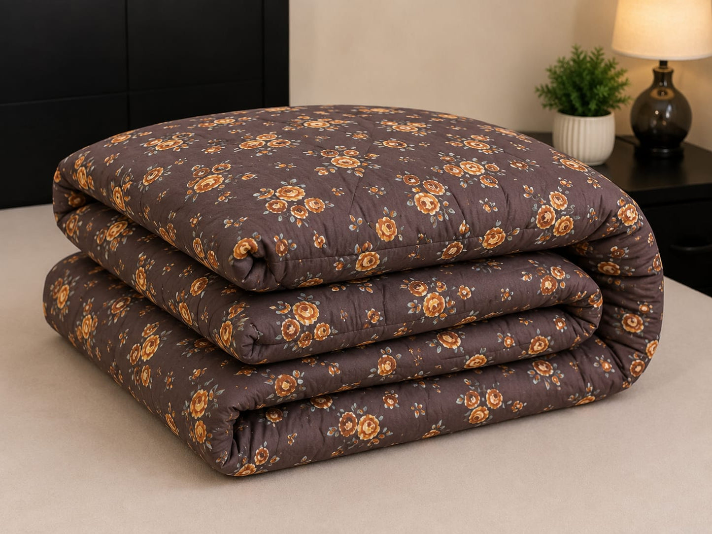 Parish Handlooms Floral Cotton Double Bedding Set 1 Double Comforter with 1 Double Bedsheet and 2 Pillow Covers (Brown, All Season)