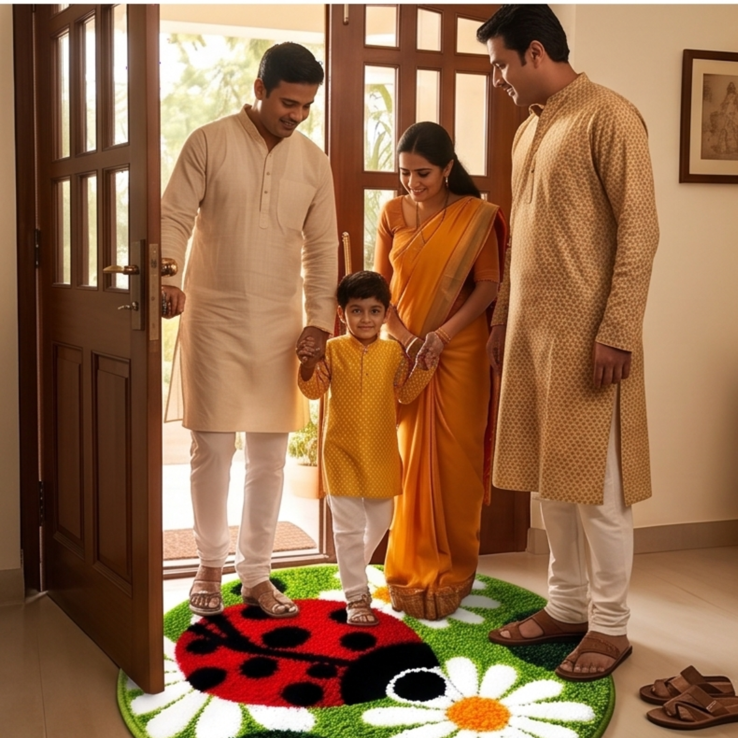 Parish Handlooms Premium Round Ladybug & Daisy Flower Door Mat | Soft Anti-Slip Kids Room & Entrance Floor Rug