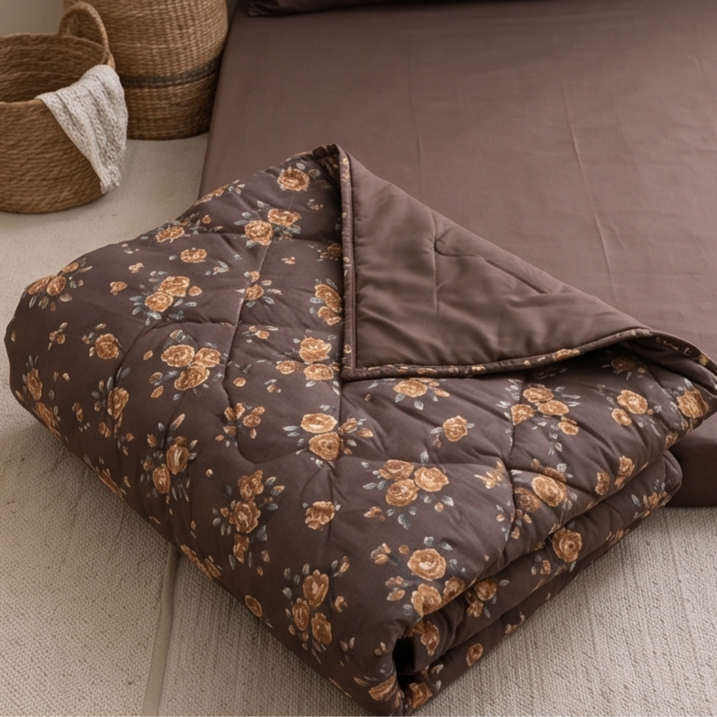 Parish Handlooms Floral Cotton Double Bedding Set 1 Double Comforter with 1 Double Bedsheet and 2 Pillow Covers (Brown, All Season)