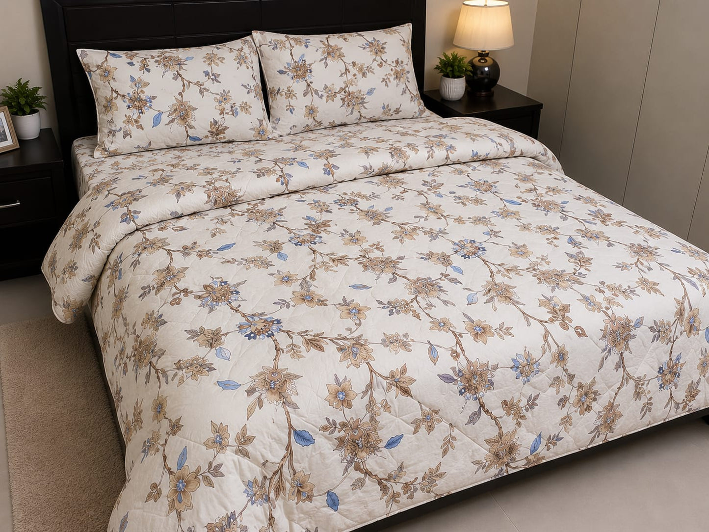 Parish Handlooms Floral Cotton Double Bedding Set 1 Double Comforter with 1 Double Bedsheet and 2 Pillow Covers (Beige, All Season)