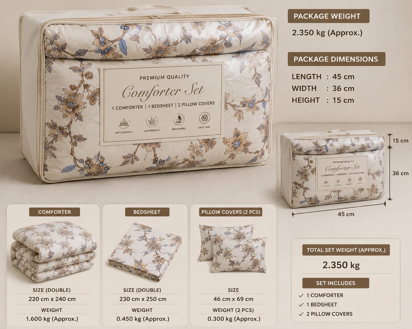 Parish Handlooms Floral Cotton Double Bedding Set 1 Double Comforter with 1 Double Bedsheet and 2 Pillow Covers (Beige, All Season)