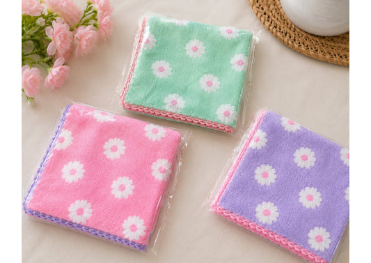 Parish Handlooms Premium Ultra Soft Microfiber Face Towels for Kids - Pack of 3 Cute Daisy Floral Printed Handkerchiefs with Elegant Lace Border for Babies & Toddlers