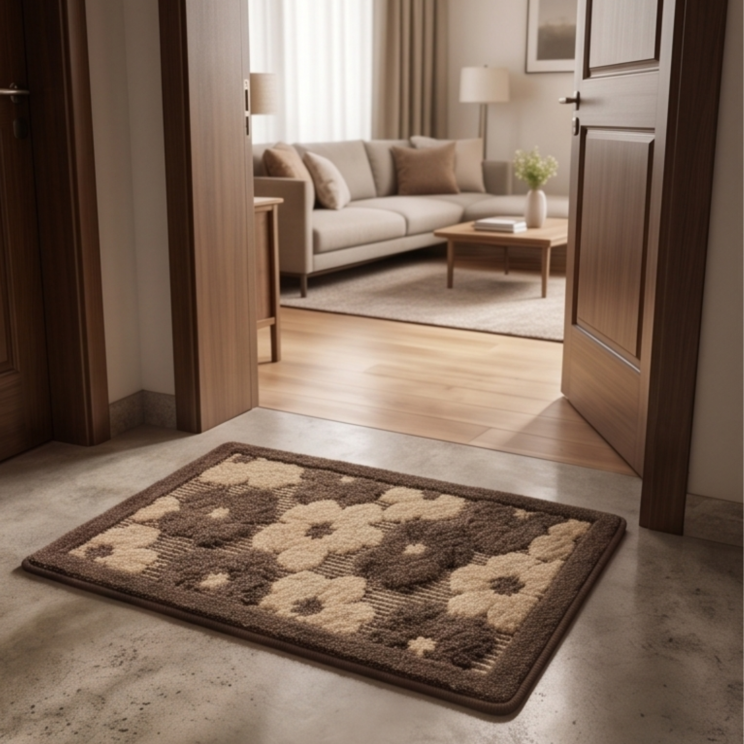 Parish Handlooms Premium Floral Print Door Mat | Soft Anti-Slip Washable Entrance Foot Mat (Brown & Beige)