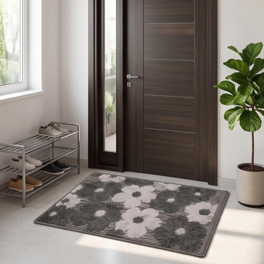 Parish Handlooms Premium Floral Print Door Mat | Soft Anti-Slip Washable Entrance Foot Mat (Grey & White)
