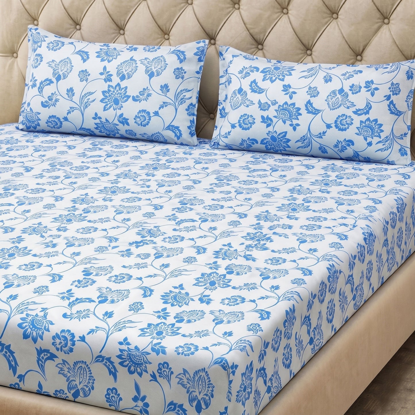 Parish Handlooms Cotton Double Flat 200 TC Floral 1 AC Bedsheet with 2 Pillow Covers (Grey)