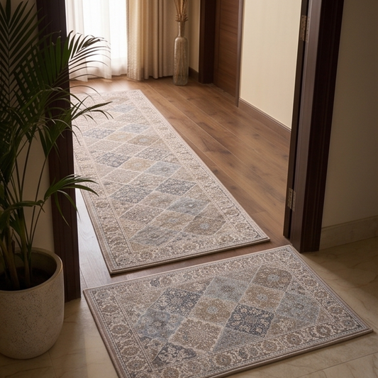 Parish Handlooms 2-Piece Vintage Patchwork Floor Mat Set | 1 Long Runner & 1 Matching Door Mat for Bedroom & Entryway (Anti-Slip)