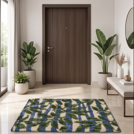 Parish Handlooms Premium Leaf Print Door Mat | Soft Anti-Slip Washable Entrance Foot Mat (Blue, Green & Cream)