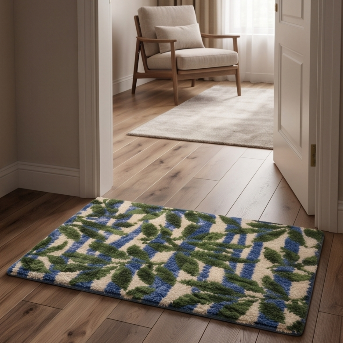 Parish Handlooms Premium Leaf Print Door Mat | Soft Anti-Slip Washable Entrance Foot Mat (Blue, Green & Cream)